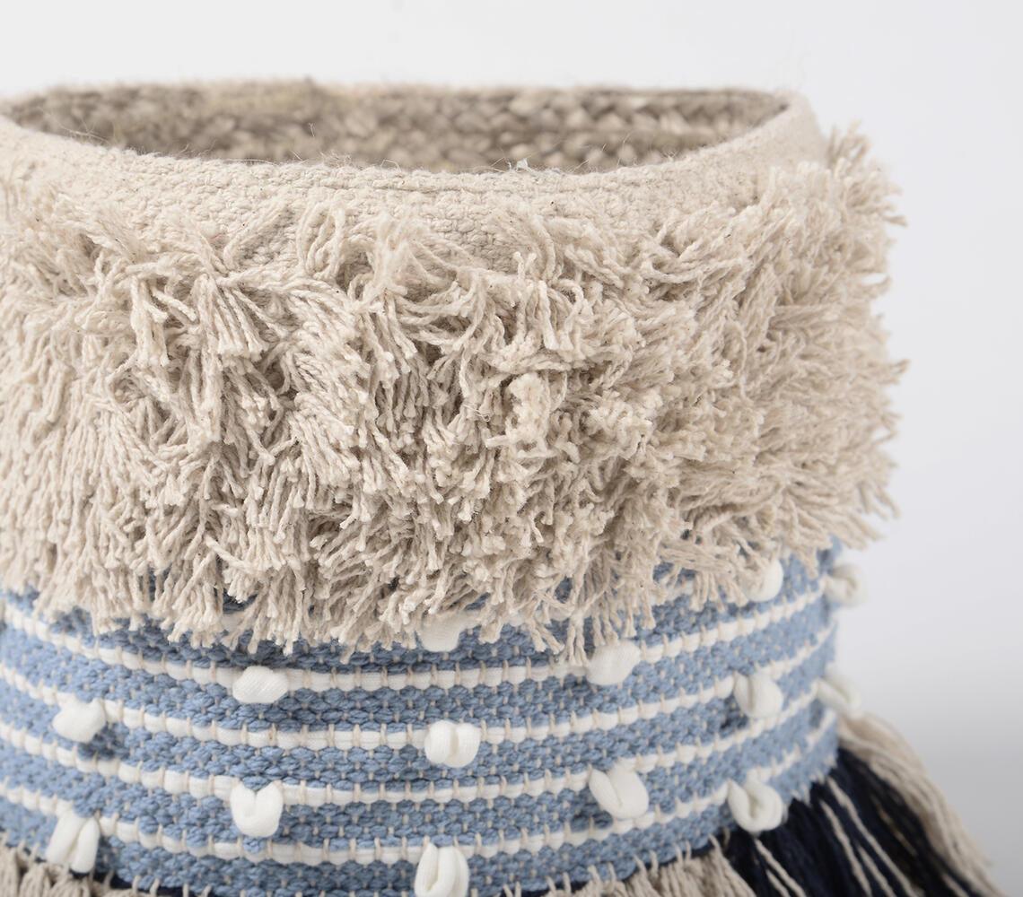 Shaggy Tasseled Cotton & Jute Blue Basket - GAAIA