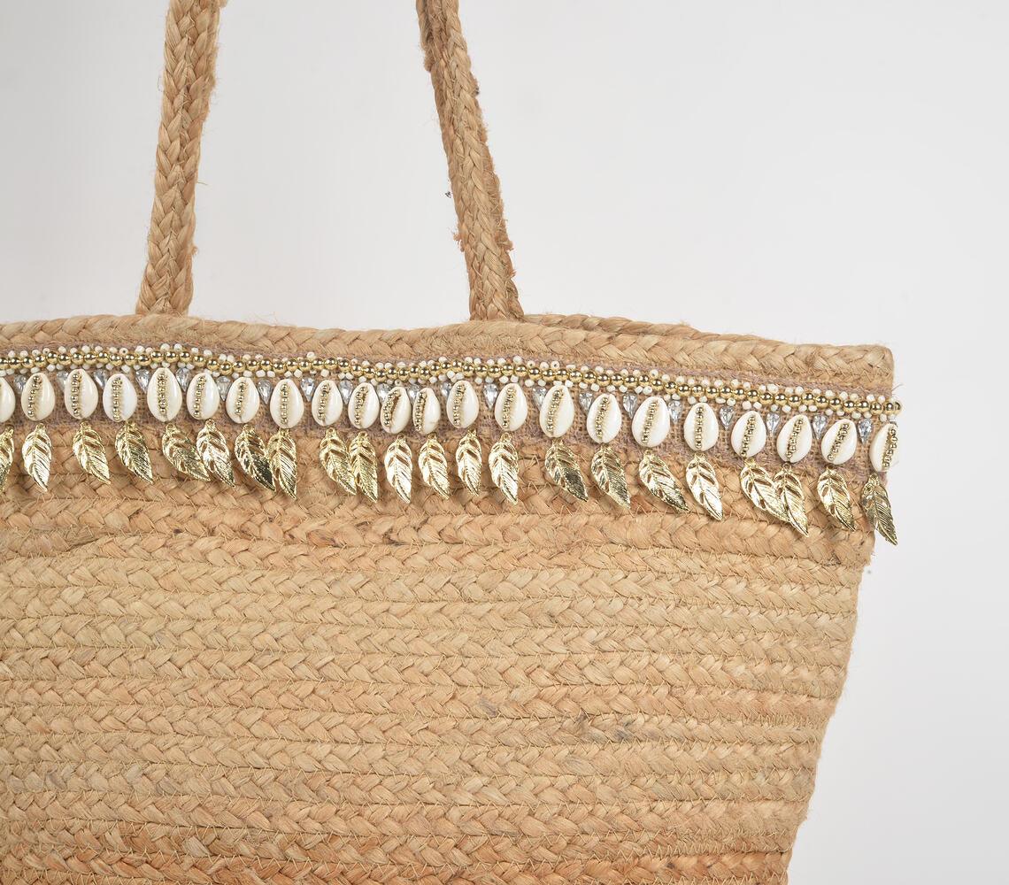 Shells & Metallic Feathers Jute Tote Bag - GAAIA