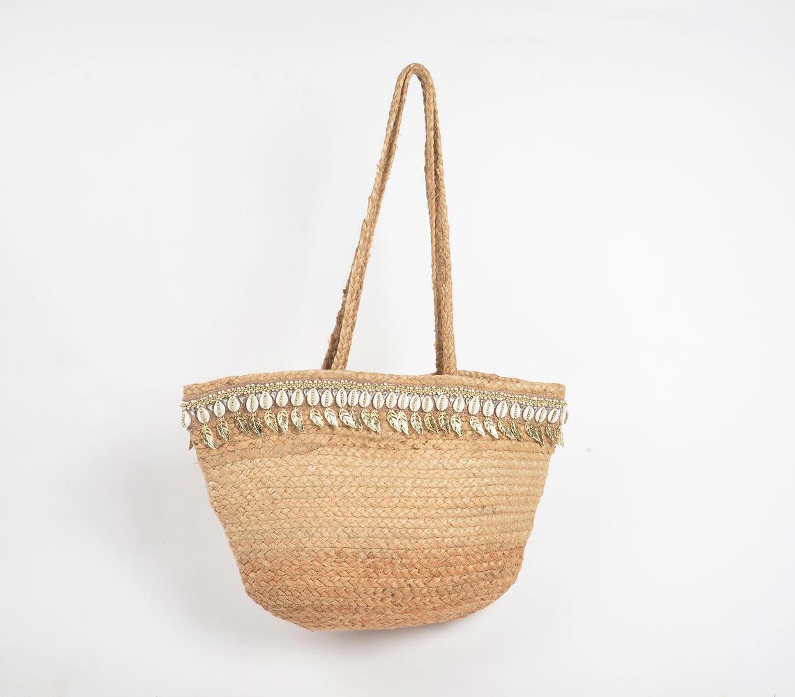 Shells & Metallic Feathers Jute Tote Bag - GAAIA