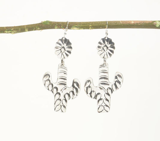 Silver-Toned Brass Floral-Cacti Dangle Earrings - GAAIA