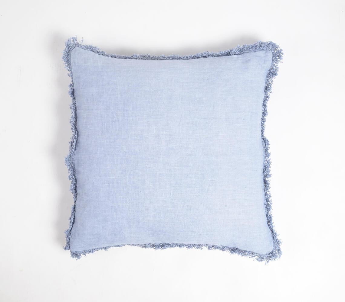 Solid Cotton Linen Powder Blue Cushion Cover Frayed Edges - GAAIA