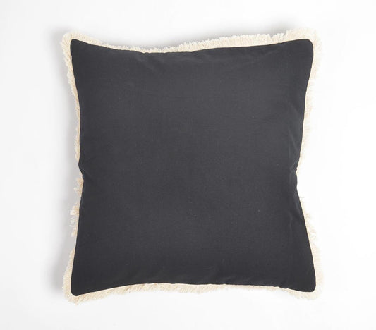 Solid Fringed Chambray Weave Cushion Cover Black - GAAIA