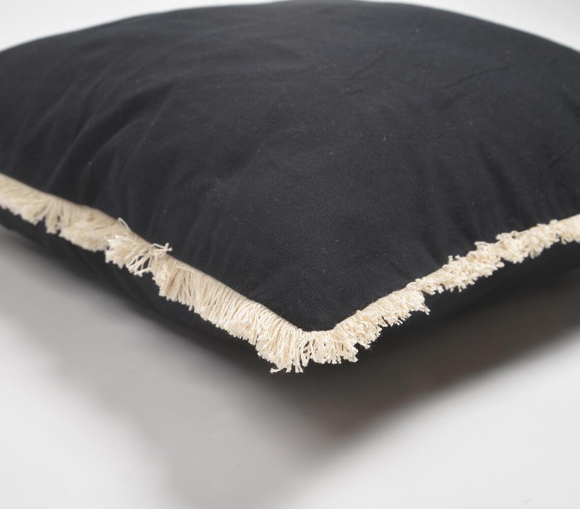 Solid Fringed Chambray Weave Cushion Cover Black - GAAIA