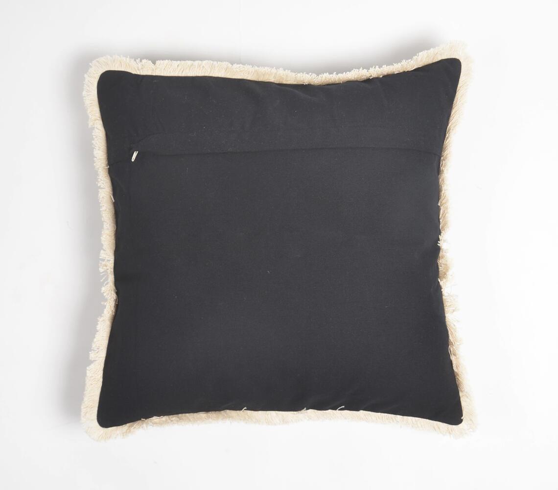 Solid Fringed Chambray Weave Cushion Cover Black - GAAIA