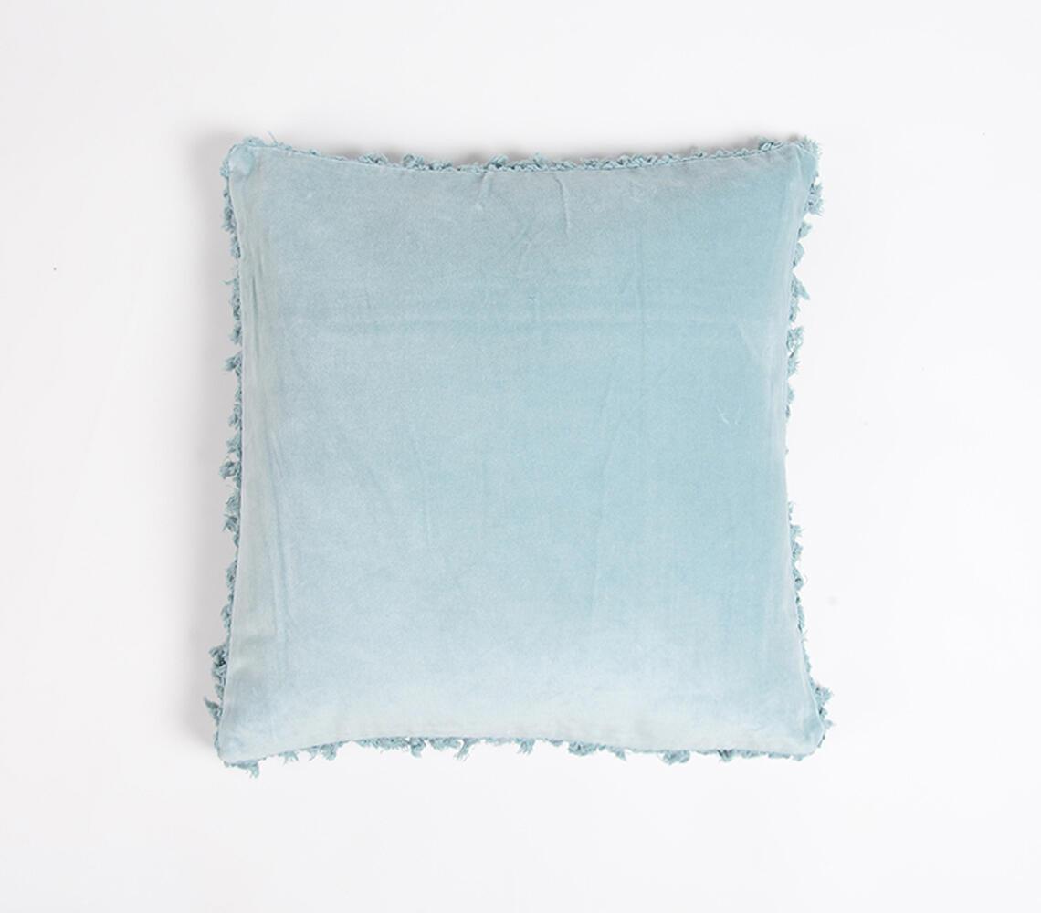 Solid Velvet Cotton Cushion Cover Border Fringes Blue - GAAIA