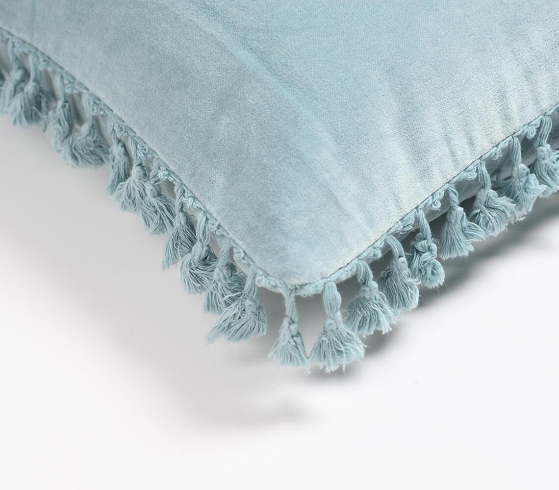 Solid Velvet Cotton Cushion Cover Border Fringes Blue - GAAIA