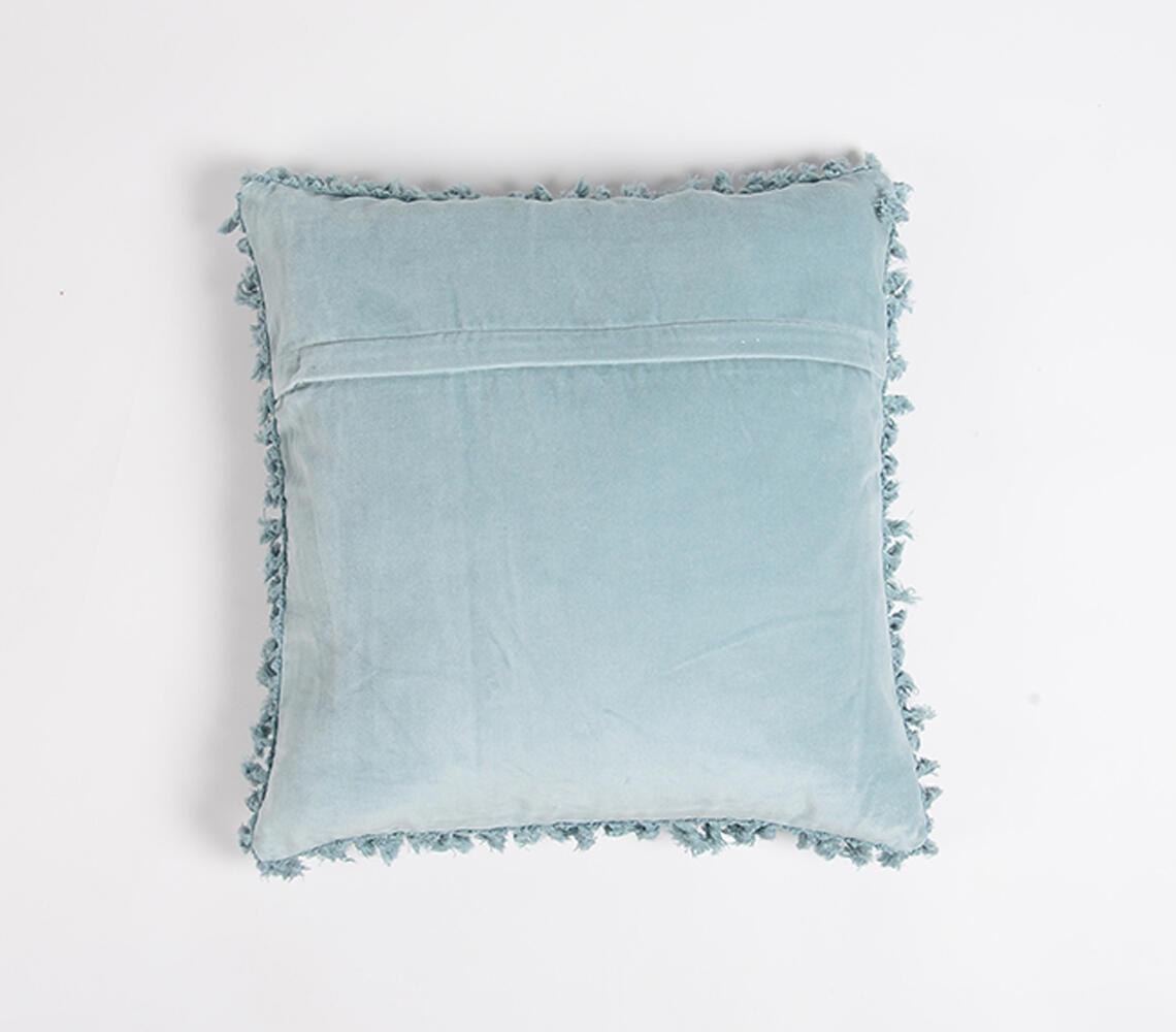 Solid Velvet Cotton Cushion Cover Border Fringes Blue - GAAIA