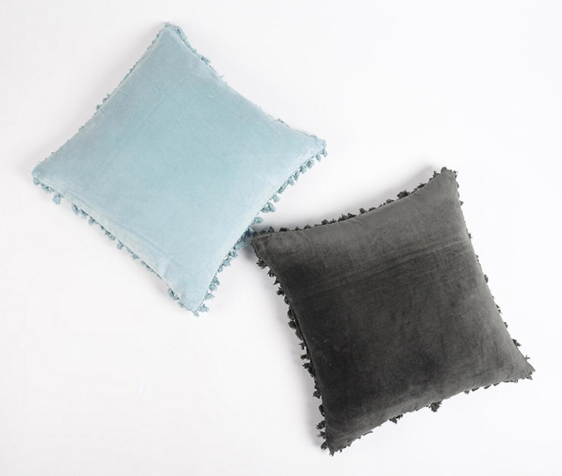 Solid Velvet Cotton Cushion Cover Border Fringes Blue - GAAIA