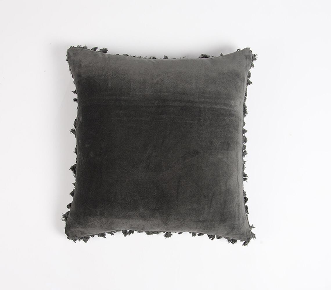 Solid Velvet Cotton Cushion Cover Border Fringes Grey - GAAIA