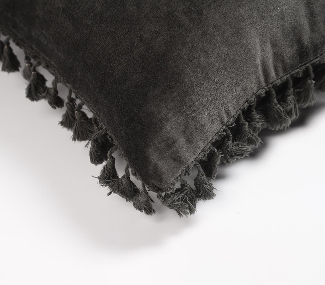 Solid Velvet Cotton Cushion Cover Border Fringes Grey - GAAIA