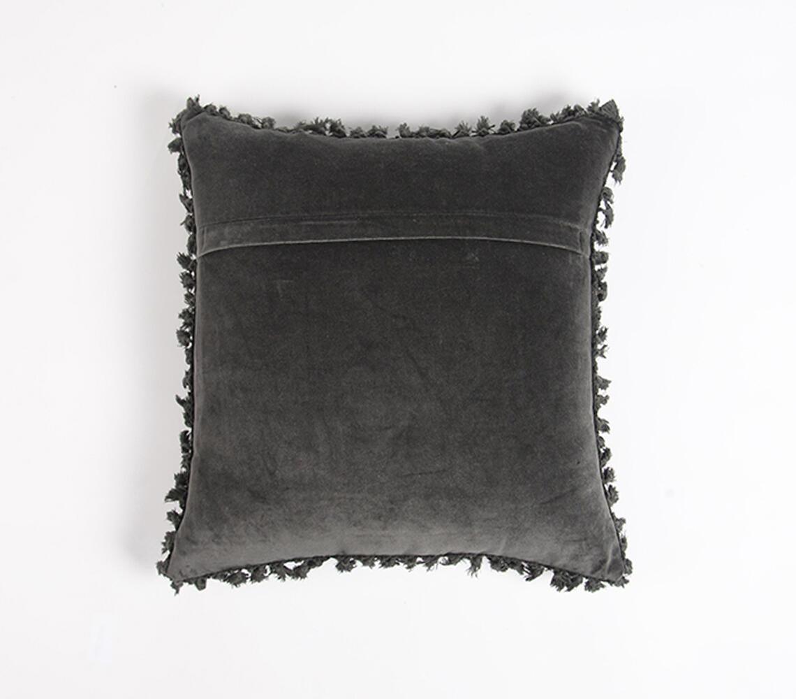 Solid Velvet Cotton Cushion Cover Border Fringes Grey - GAAIA