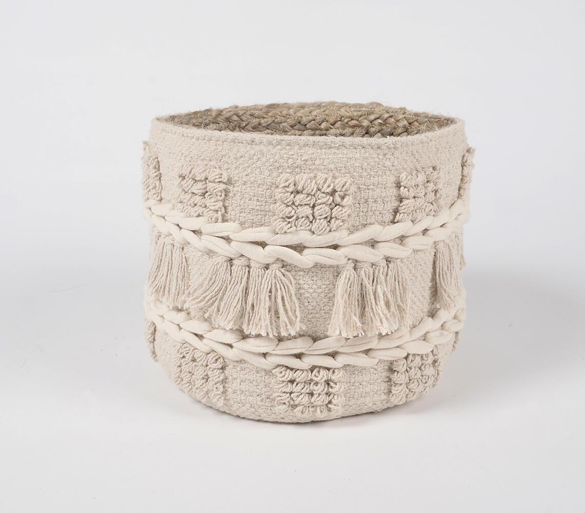 Tasseled & Textured Cotton & Jute Basket - GAAIA