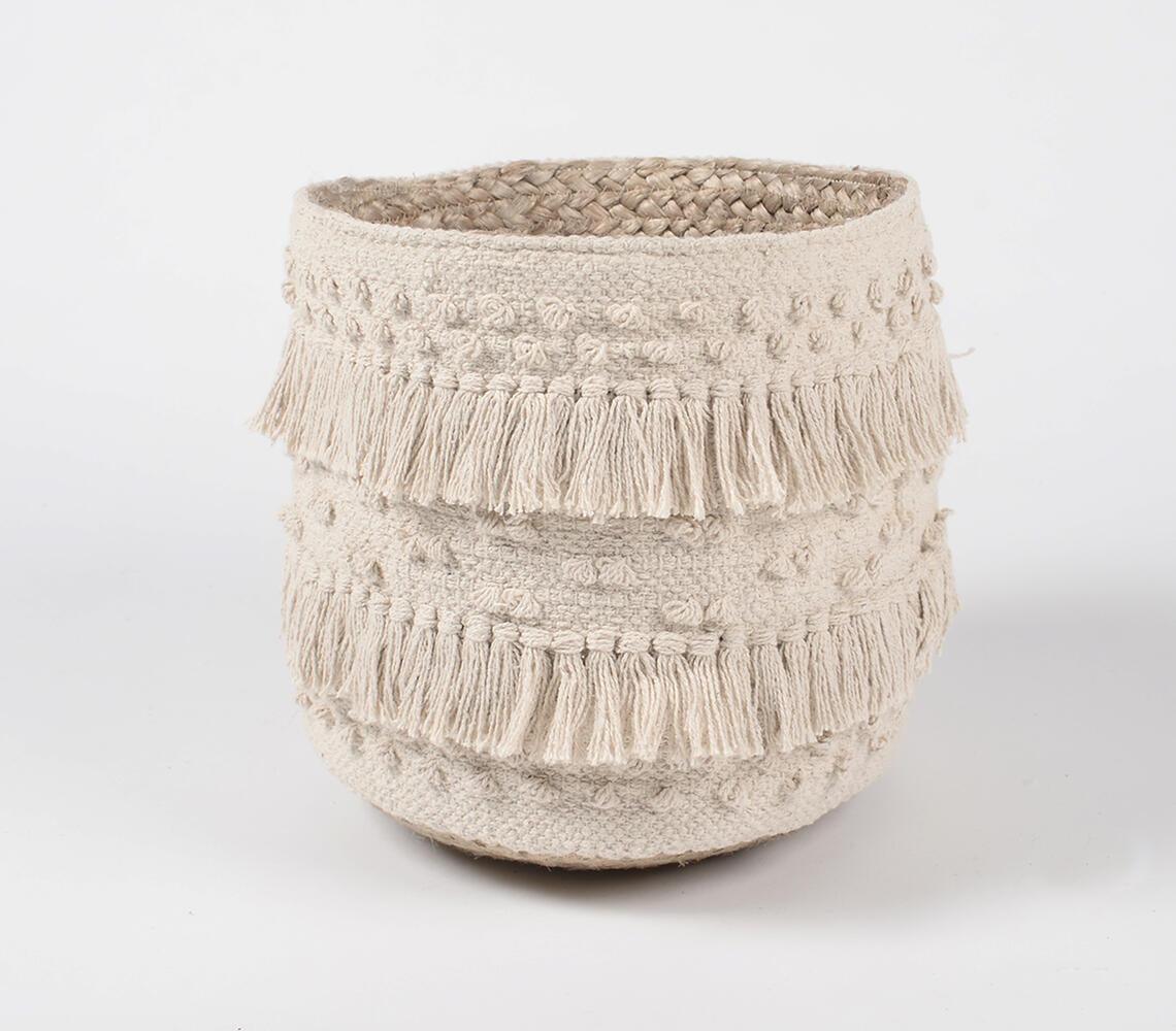 Tasseled & Textured Cotton & Jute Basket - GAAIA