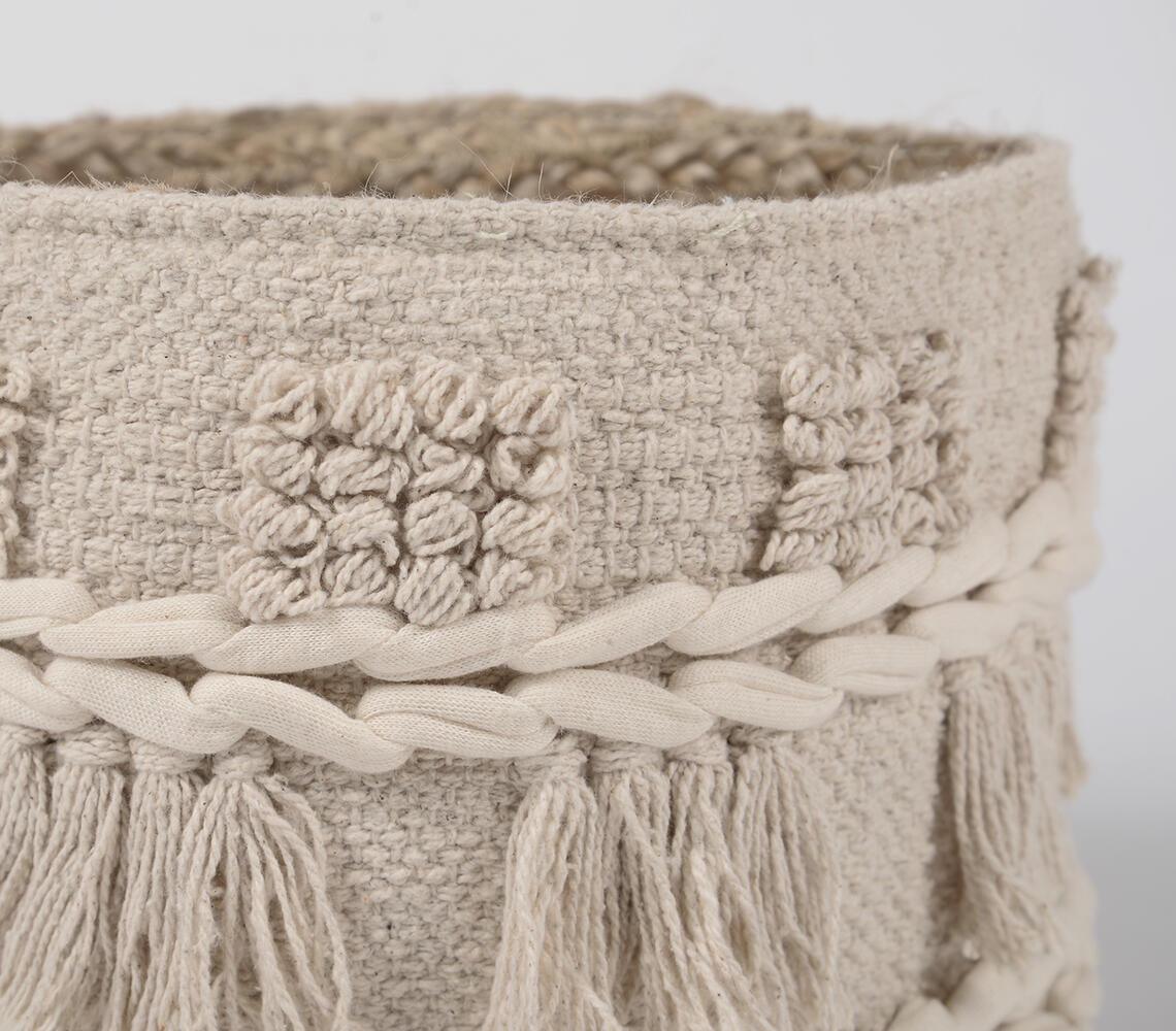 Tasseled & Textured Cotton & Jute Basket - GAAIA