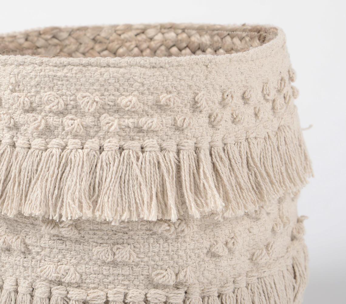 Tasseled & Textured Cotton & Jute Basket - GAAIA