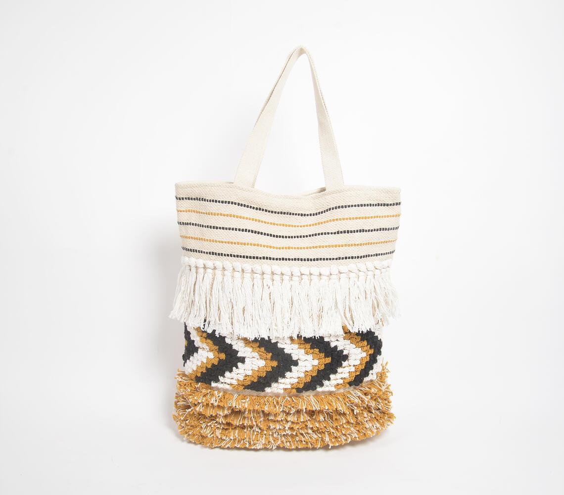 Tasseled & Woven Sandy Cotton Tote Bag - GAAIA