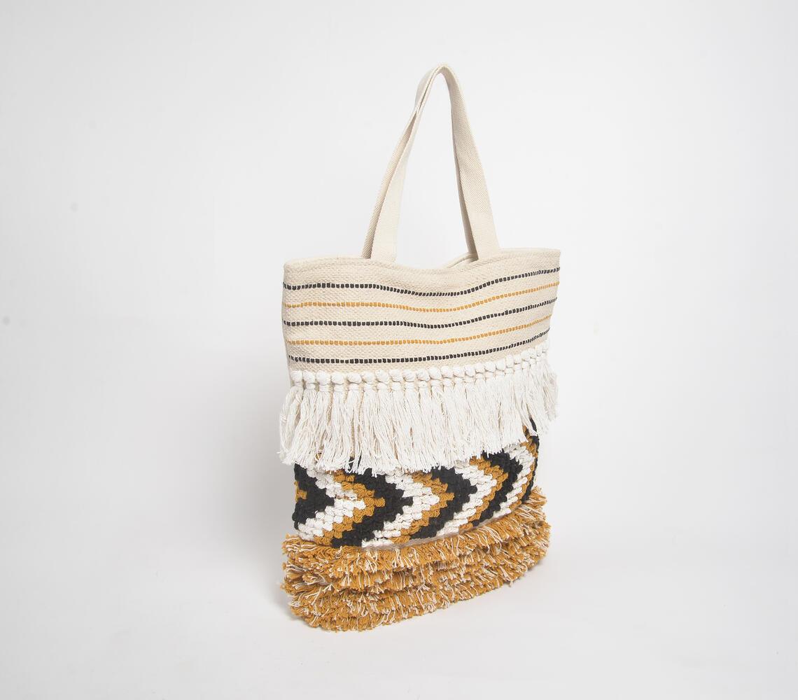 Tasseled & Woven Sandy Cotton Tote Bag - GAAIA