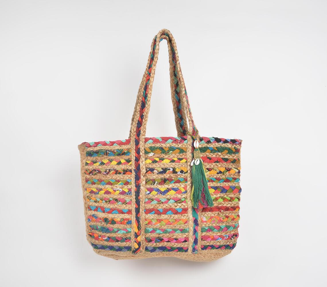 Tasseled Multicolour Stripes Jute Tote Bag - GAAIA