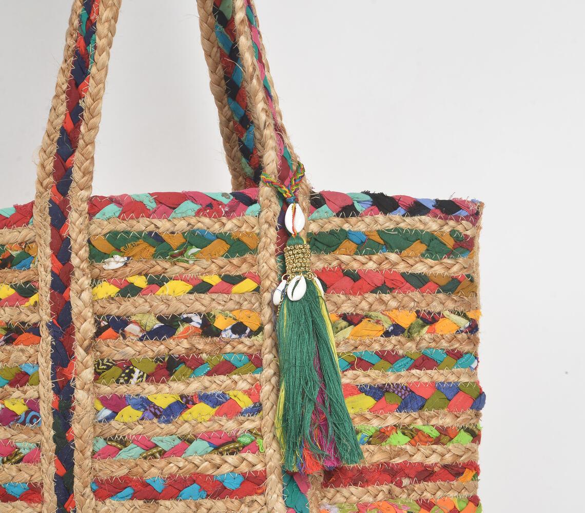 Tasseled Multicolour Stripes Jute Tote Bag - GAAIA