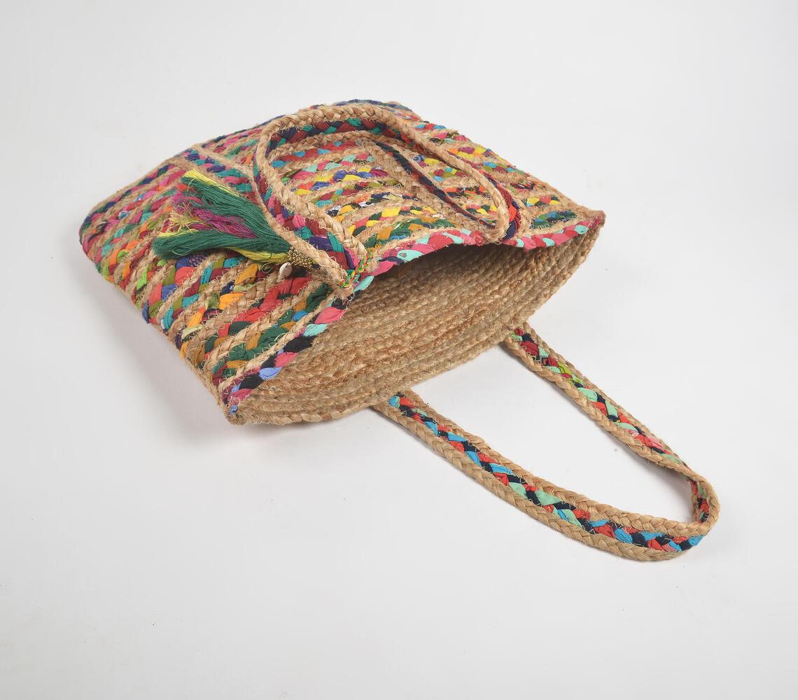 Tasseled Multicolour Stripes Jute Tote Bag - GAAIA