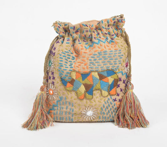 Tasseled Rhino Jute Multicolor Drawstring Bag - GAAIA