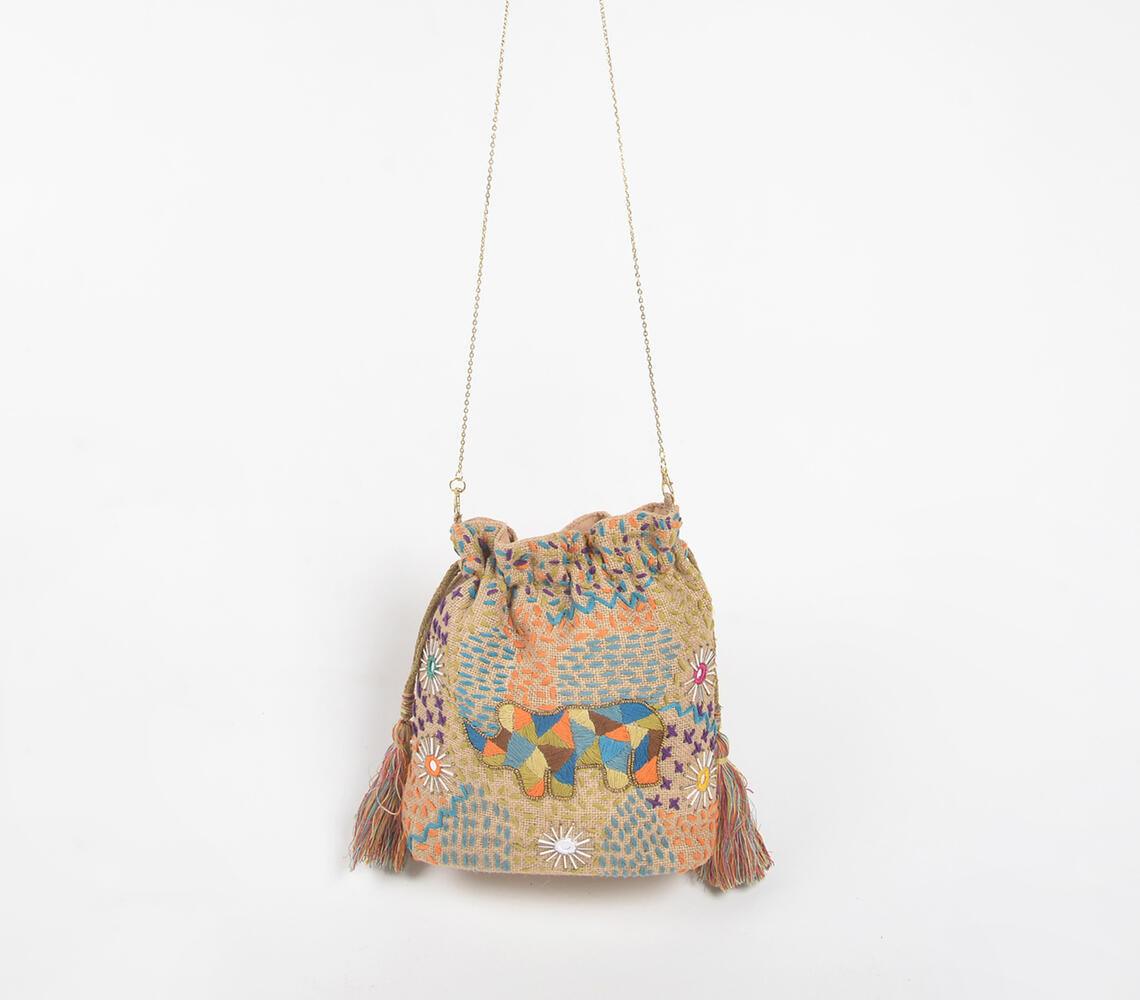 Tasseled Rhino Jute Multicolor Drawstring Bag - GAAIA