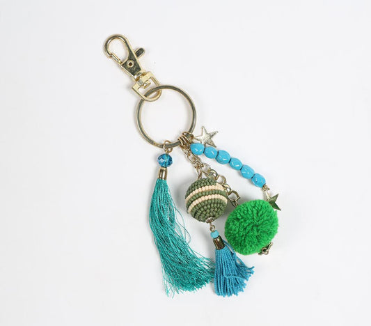 Teal Beaded & Tasseled Pom-Pom Keychain - GAAIA