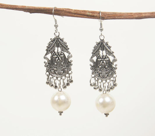 Textured Oxidised Silver Pearl Dangle Earrings - GAAIA