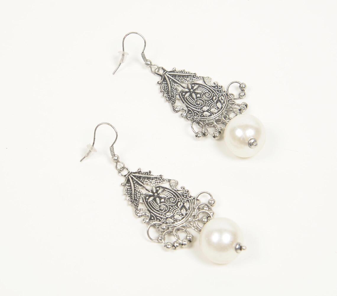 Textured Oxidised Silver Pearl Dangle Earrings - GAAIA