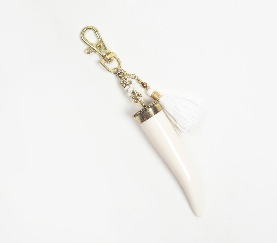 Tusk-Shaped Resin & Tasseled Gold-Toned Keychain - GAAIA