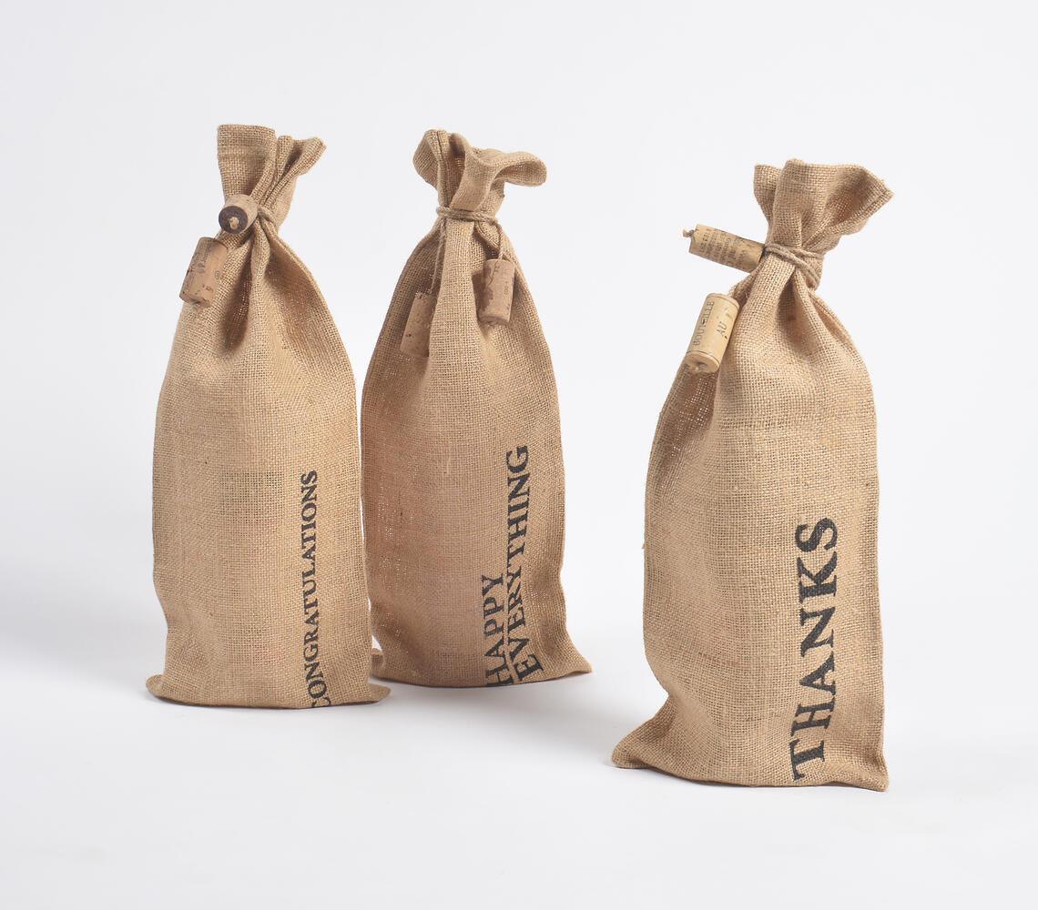 Typographic Drawstring Jute Wine Bags (Set of 3) - GAAIA