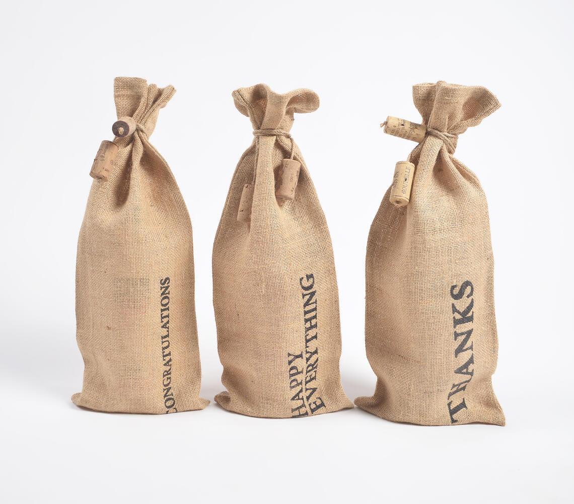 Typographic Drawstring Jute Wine Bags (Set of 3) - GAAIA