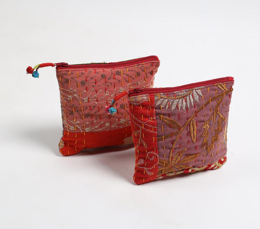 Upcycled Fabric Patchwork Pouches with Kantha Embroidery (set of 2)_1 - GAAIA