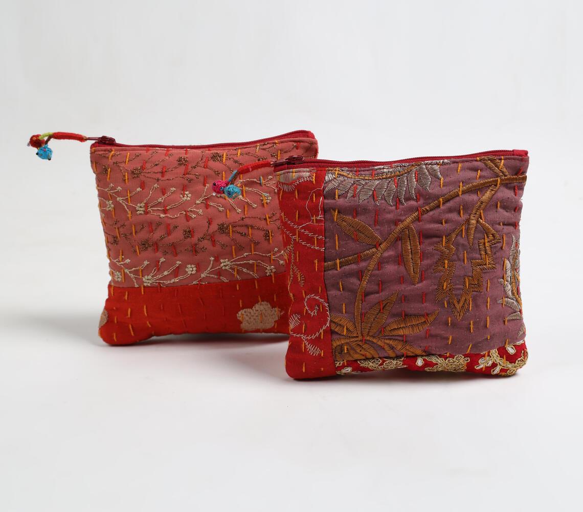 Upcycled Fabric Patchwork Pouches with Kantha Embroidery (set of 2)_1 - GAAIA