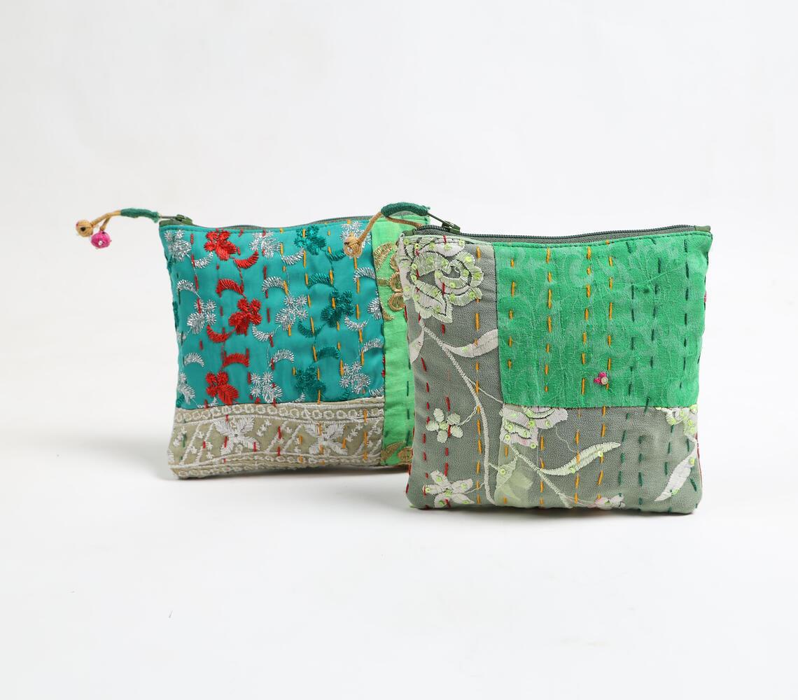 Upcycled Fabric Patchwork Pouches with Kantha Embroidery (set of 2)_2 - GAAIA