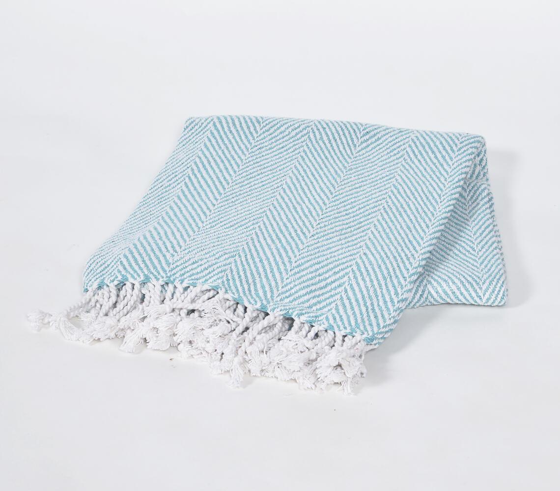 Yarn-Dyed Cotton Blue Chevron Tasseled Throw - GAAIA