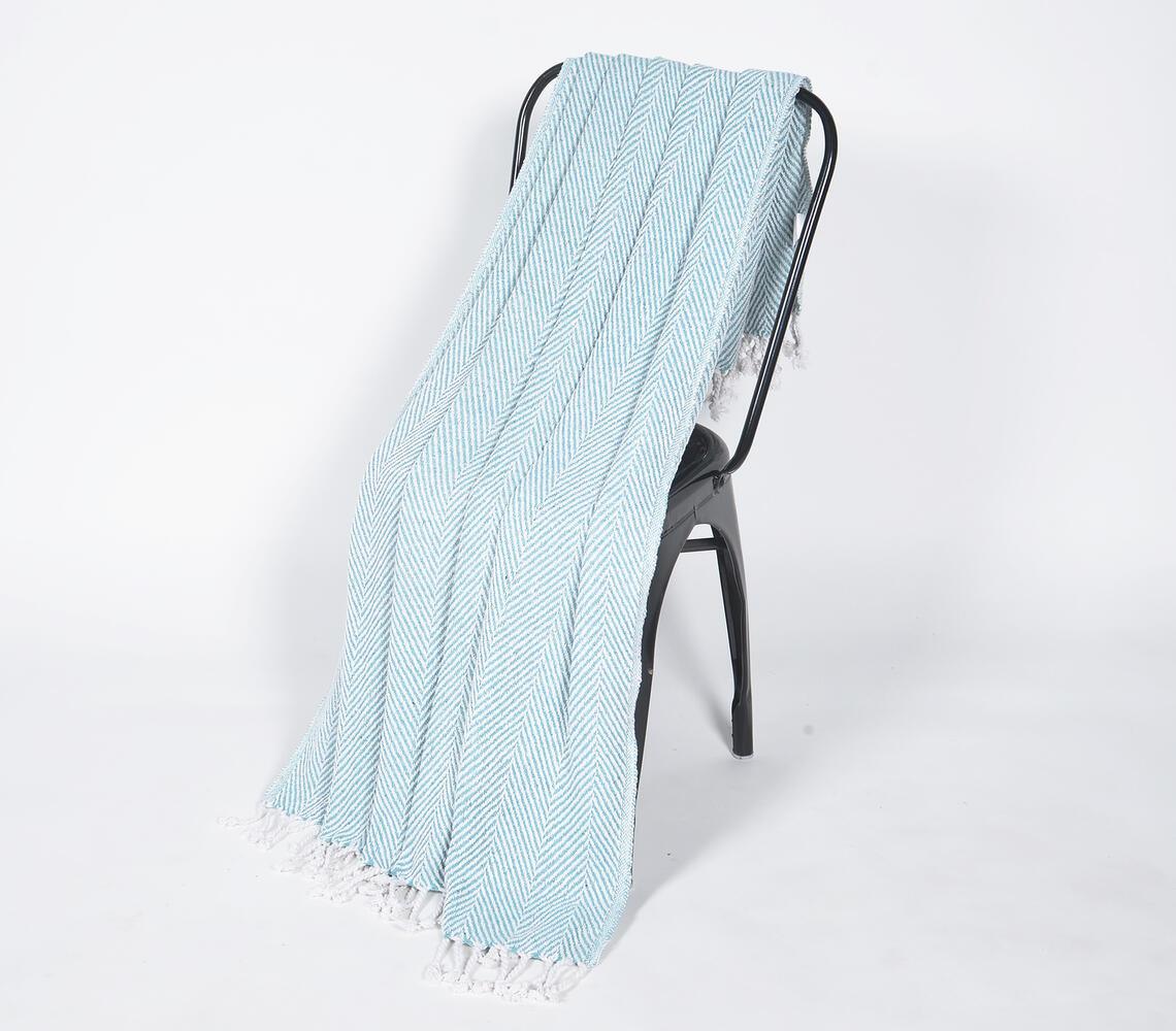 Yarn-Dyed Cotton Blue Chevron Tasseled Throw - GAAIA