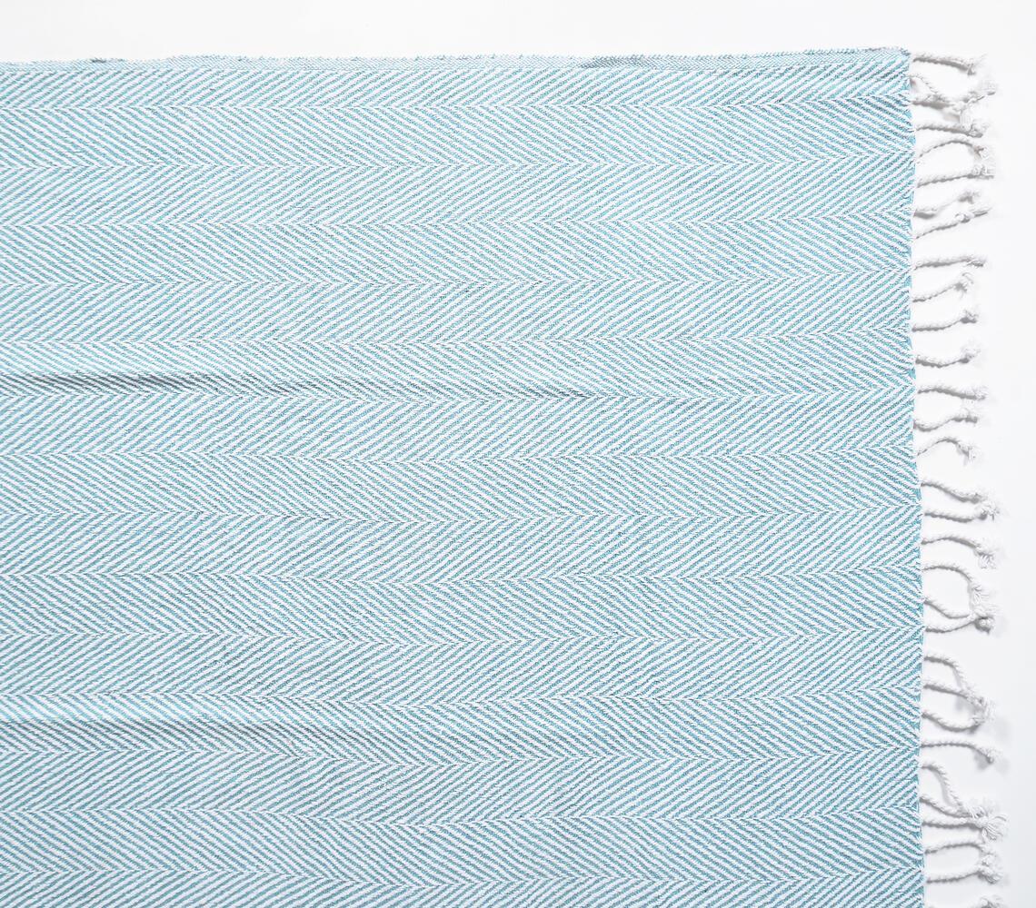 Yarn-Dyed Cotton Blue Chevron Tasseled Throw - GAAIA